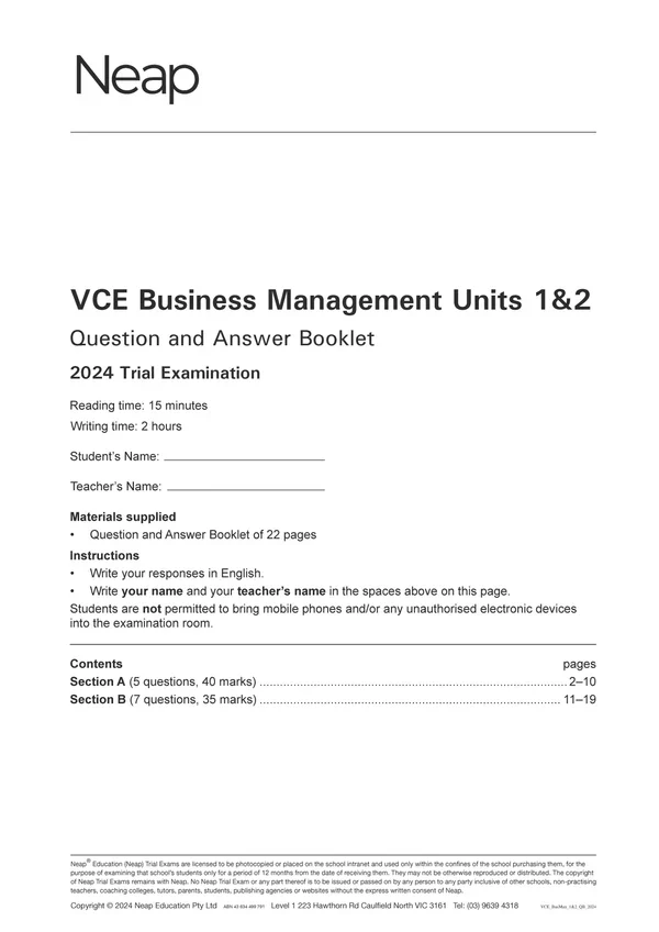 Neap Practice Exam Pack: VCE Business Management Units 1&2 2026 Edition (2 Exams) - Image 3