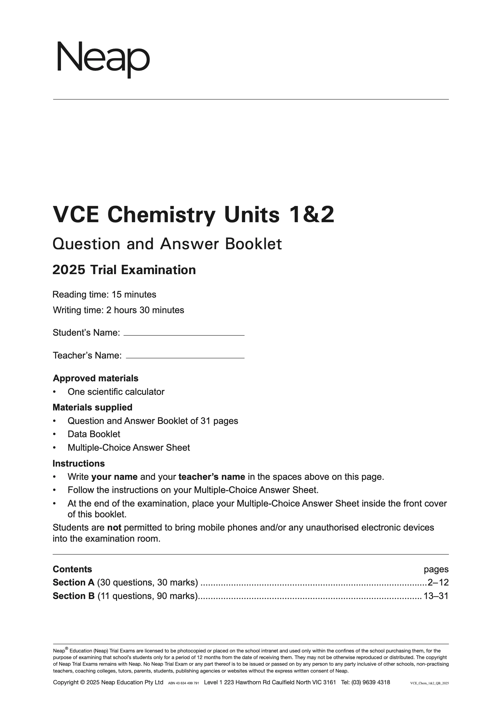 Neap Practice Exam Pack: VCE Chemistry Units 1&2 2026 Edition (3 Exams) - Image 2