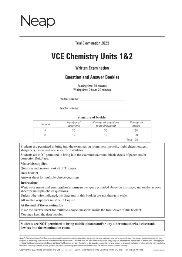 Neap Practice Exam Pack: VCE Chemistry Units 1&2 2026 Edition (3 Exams) - Image 4