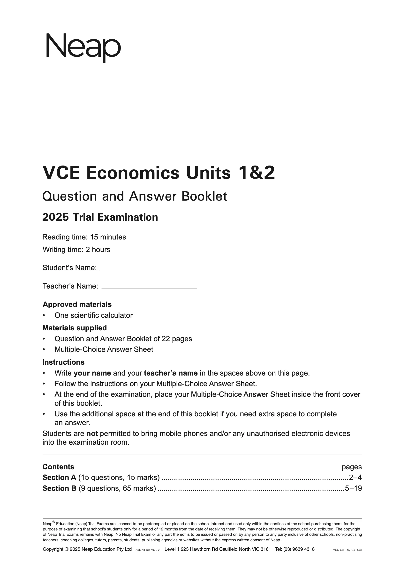 Neap Practice Exam Pack: VCE Economics Units 1&2 2026 Edition (2 Exams) - Image 2