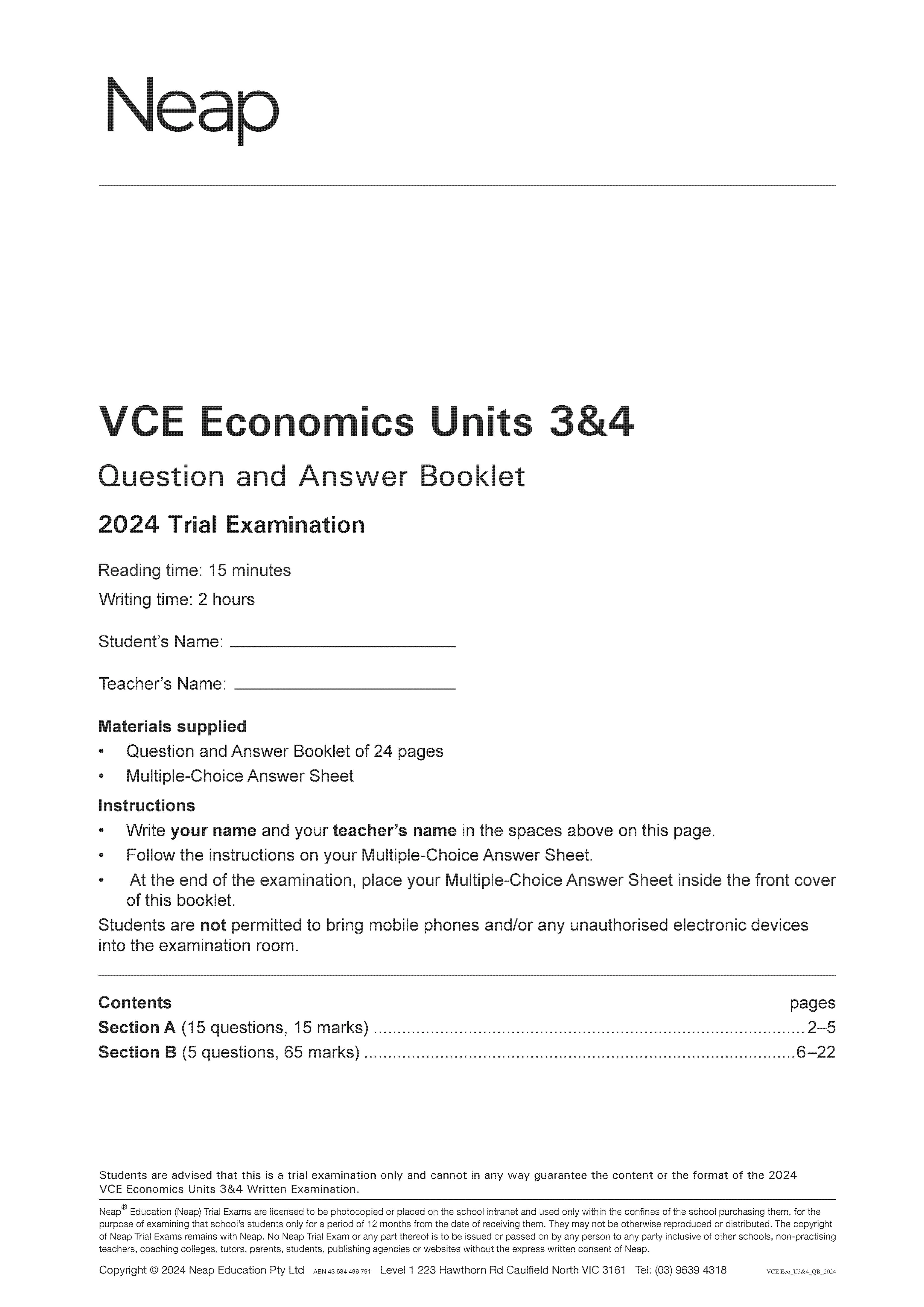 Neap Practice Exam Pack: VCE Economics Units 3&4 (2 Exams) - Image 2