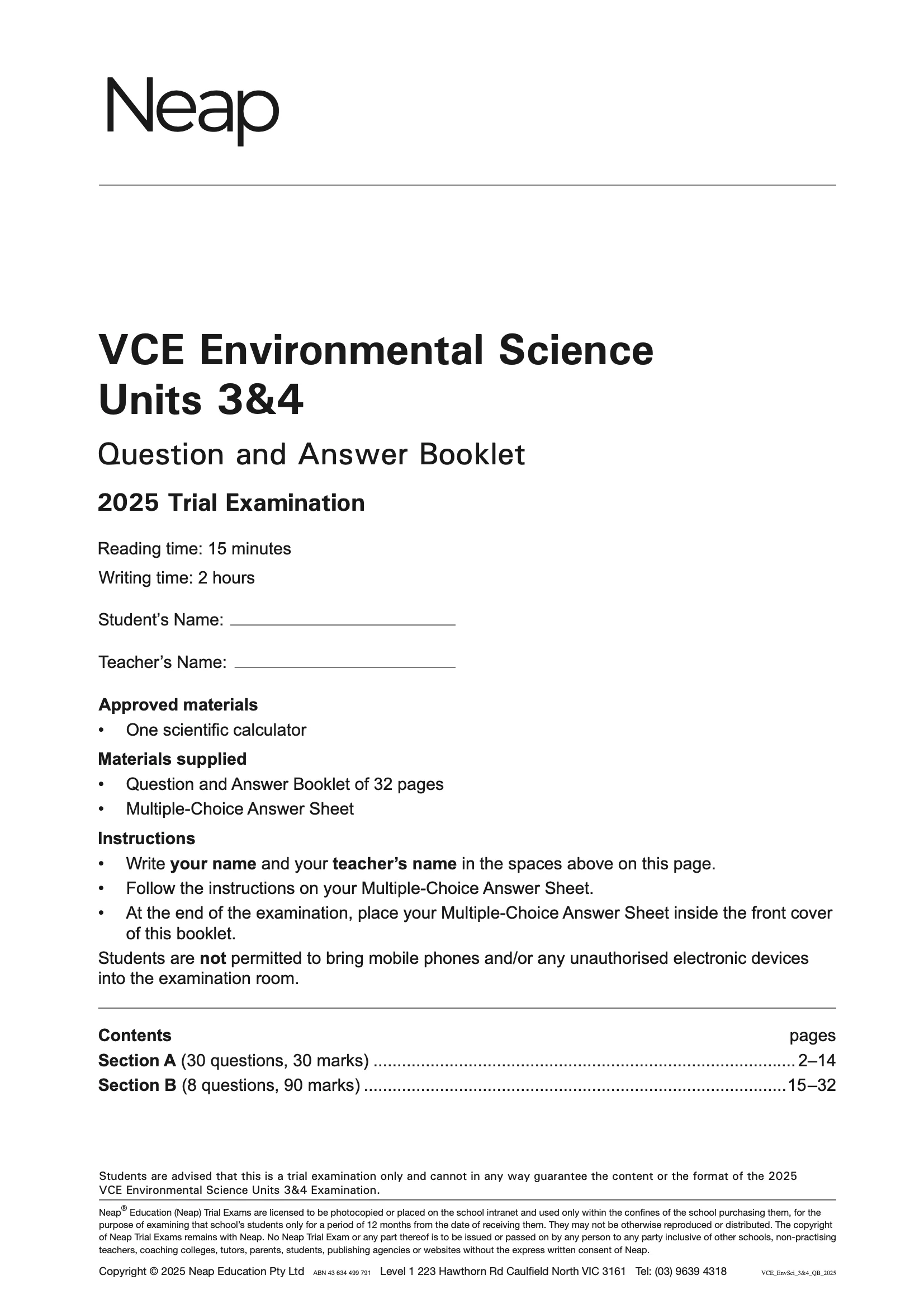 Neap Practice Exam Pack: VCE Environmental Science Units 3&4 2026 Edition (3 Exams) - Image 2