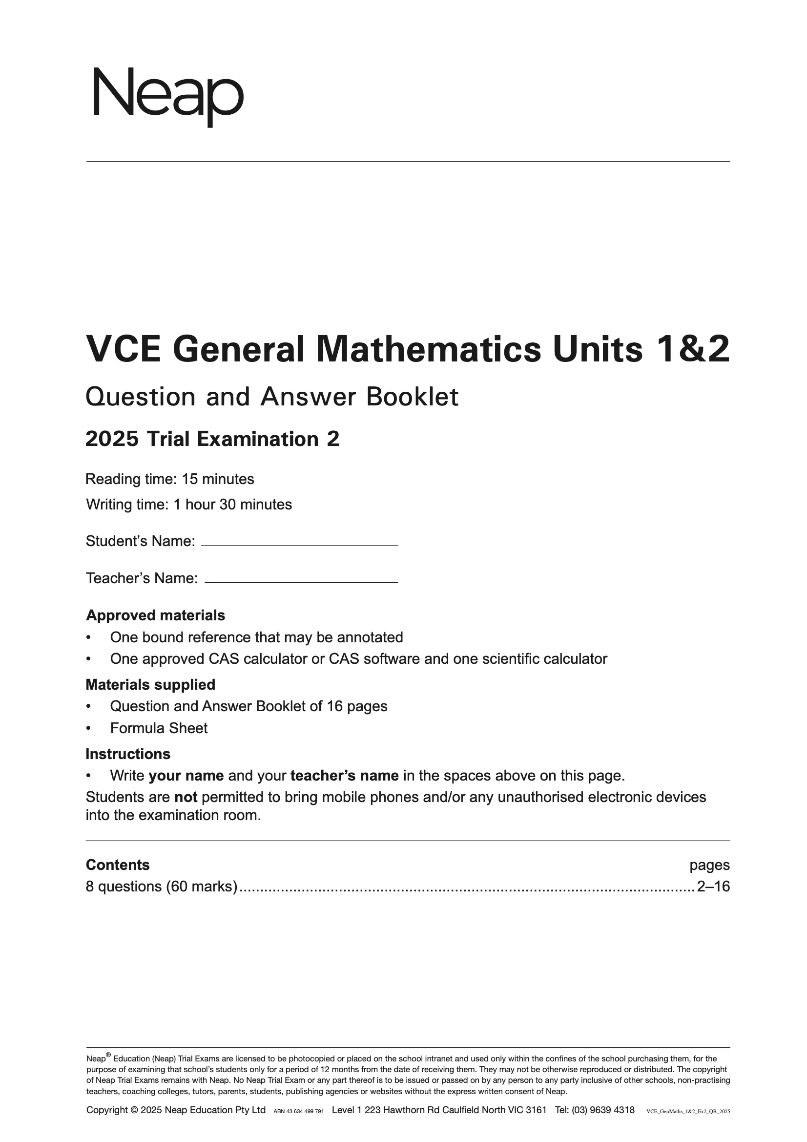 Neap Practice Exam Pack: VCE General Mathematics Units 1&2 2026 Edition (3 Exams) - Image 2