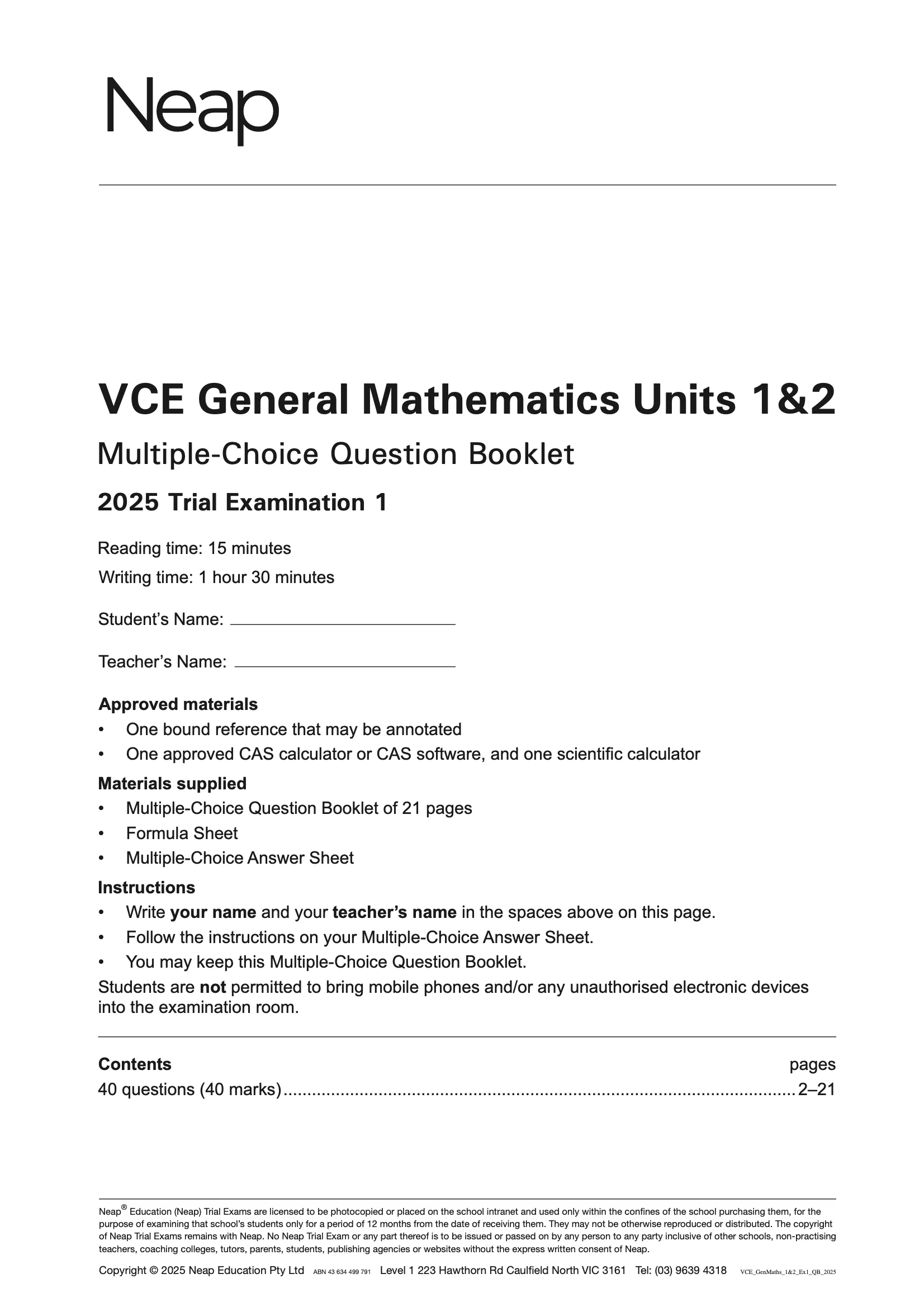Neap Practice Exam Pack: VCE General Mathematics Units 1&2 2026 Edition (3 Exams) - Image 4