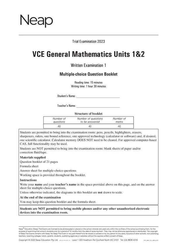 Neap Practice Exam Pack: VCE General Mathematics Units 1&2 2026 Edition (3 Exams) - Image 5
