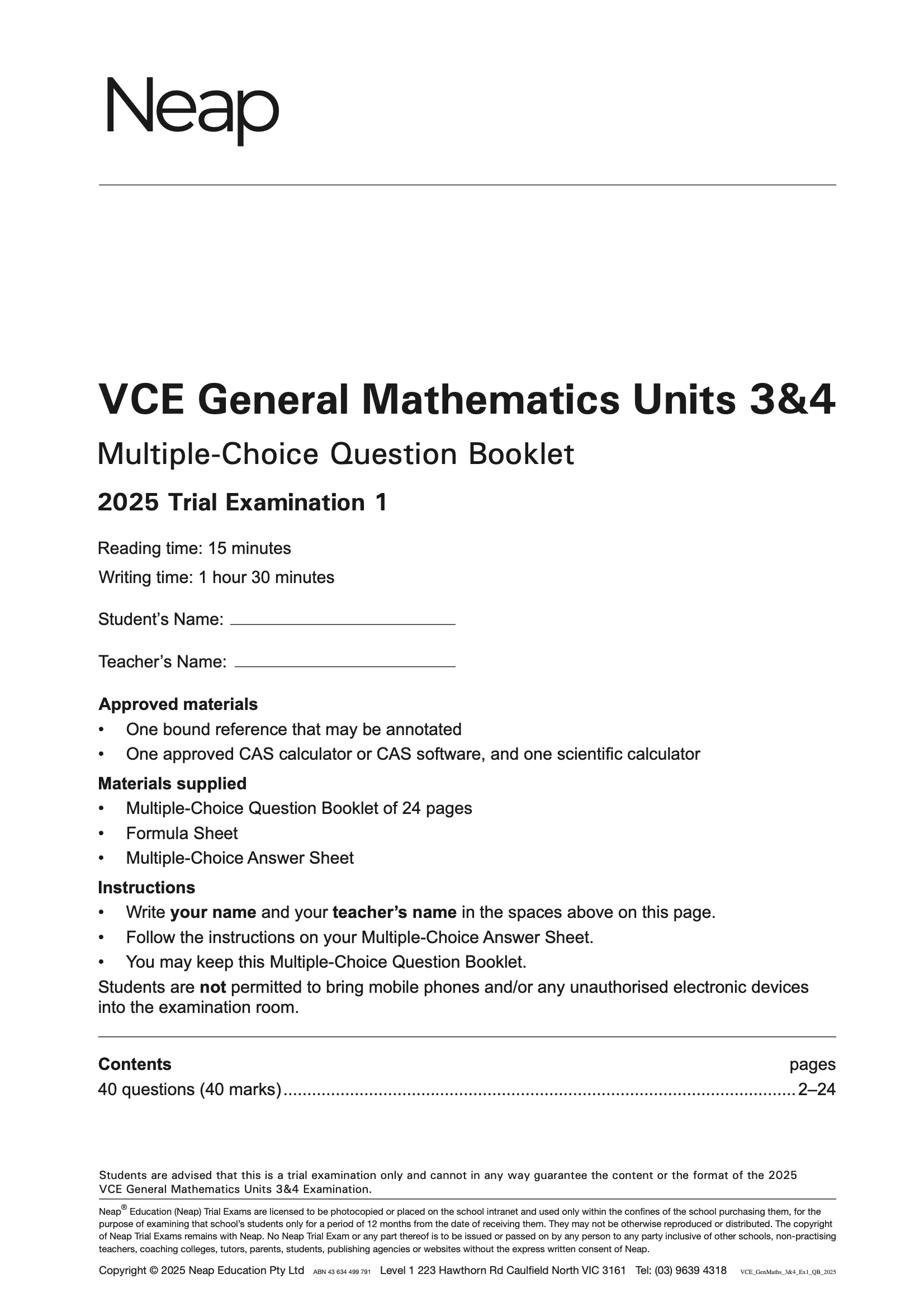 Neap Practice Exam Pack: VCE General Mathematics Units 3&4 2026 Edition (3 Exams) - Image 2