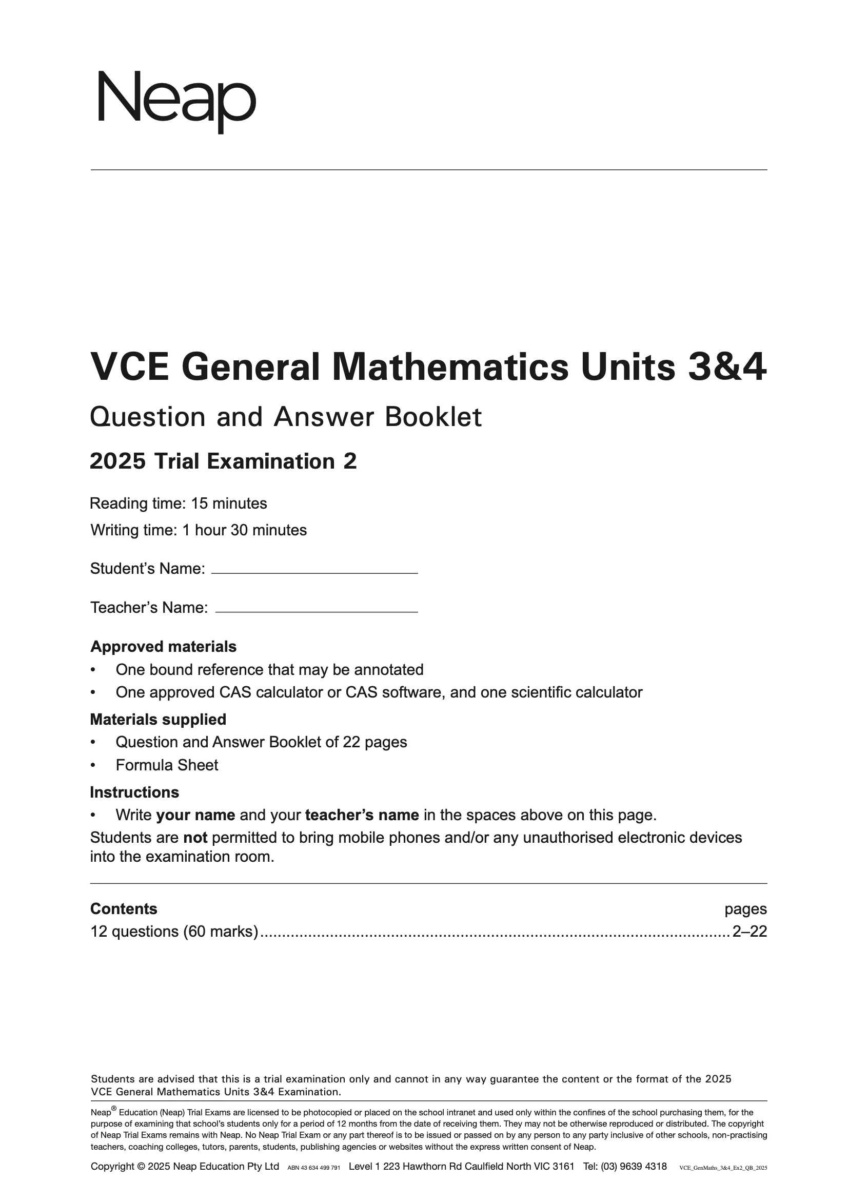 Neap Practice Exam Pack: VCE General Mathematics Units 3&4 2026 Edition (3 Exams) - Image 3