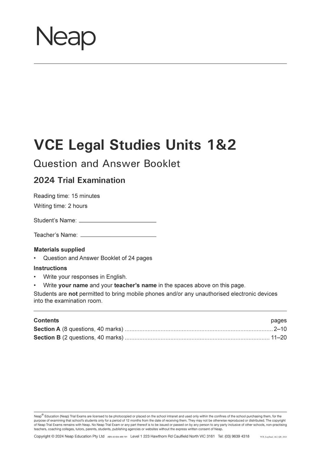 Neap Practice Exam Pack: VCE Legal Studies Units 1&2 2026 Edition (2 Exams) - Image 3