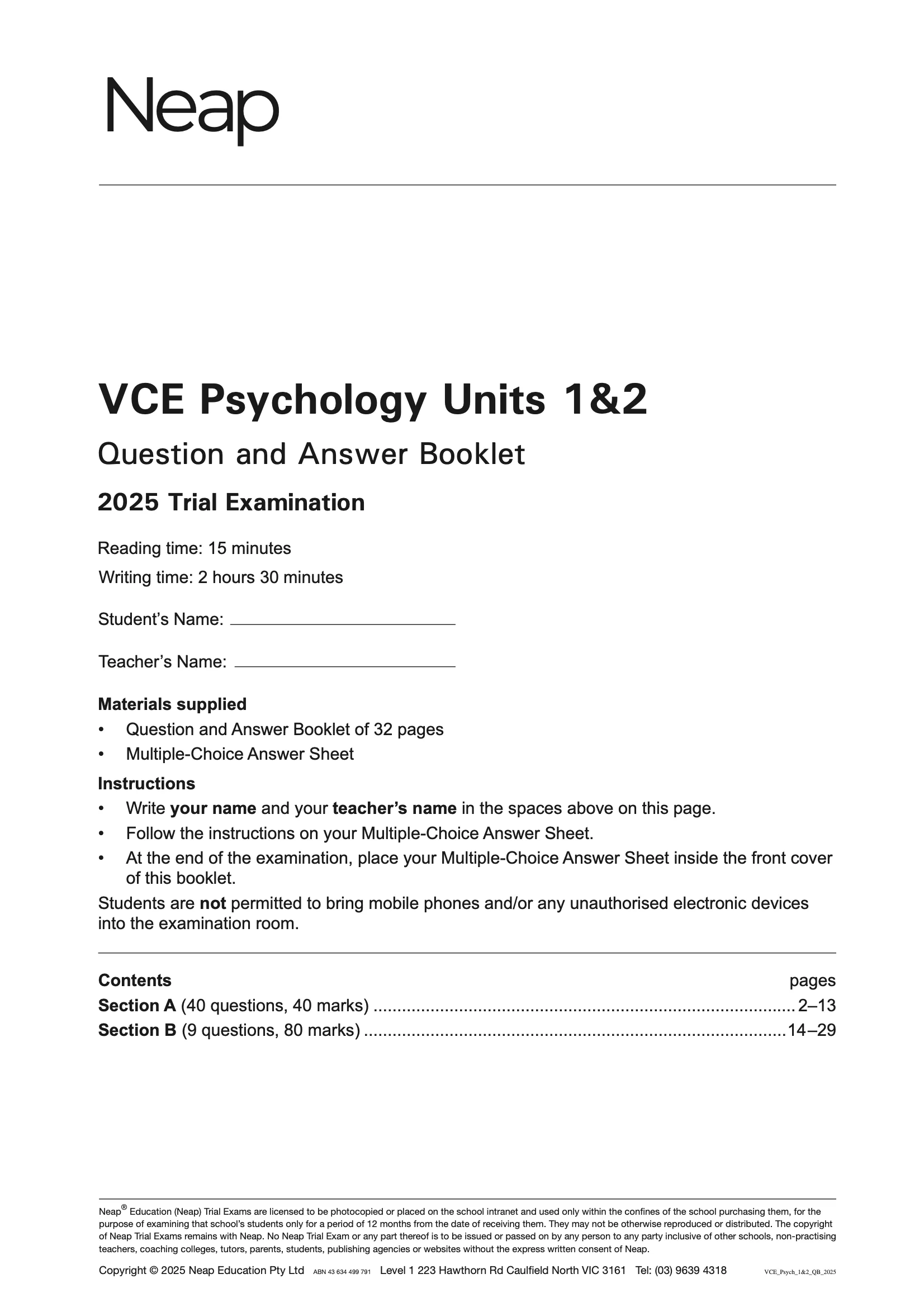 Neap Practice Exam Pack: VCE Psychology Units 1&2 2026 Edition (3 Exams) - Image 2