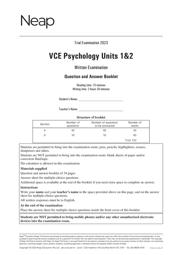 Neap Practice Exam Pack: VCE Psychology Units 1&2 2026 Edition (3 Exams) - Image 3