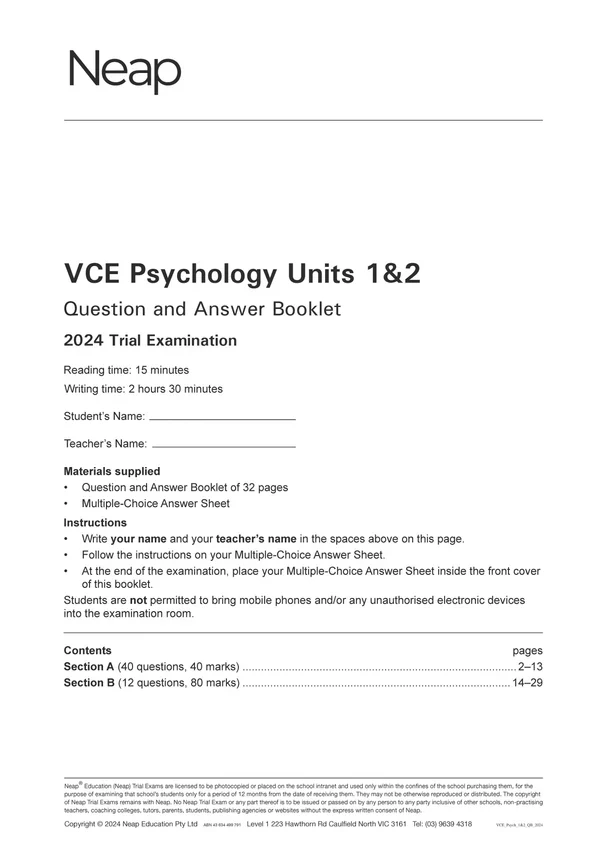 Neap Practice Exam Pack: VCE Psychology Units 1&2 2026 Edition (3 Exams) - Image 4
