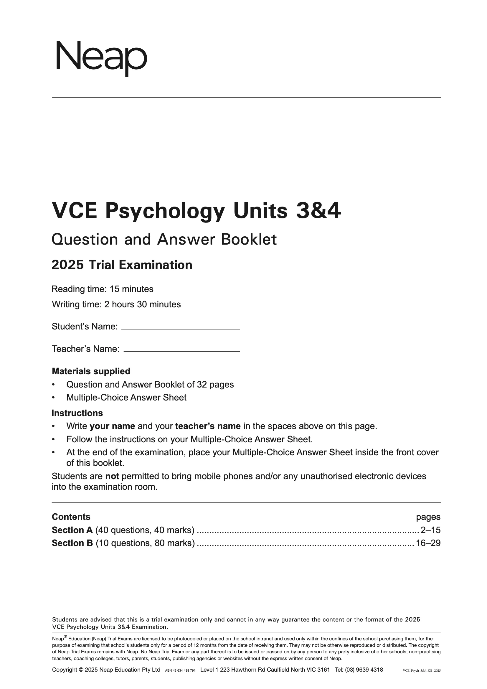 Neap Practice Exam Pack: VCE Psychology Units 3&4 2026 Edition (3 Exams) - Image 2