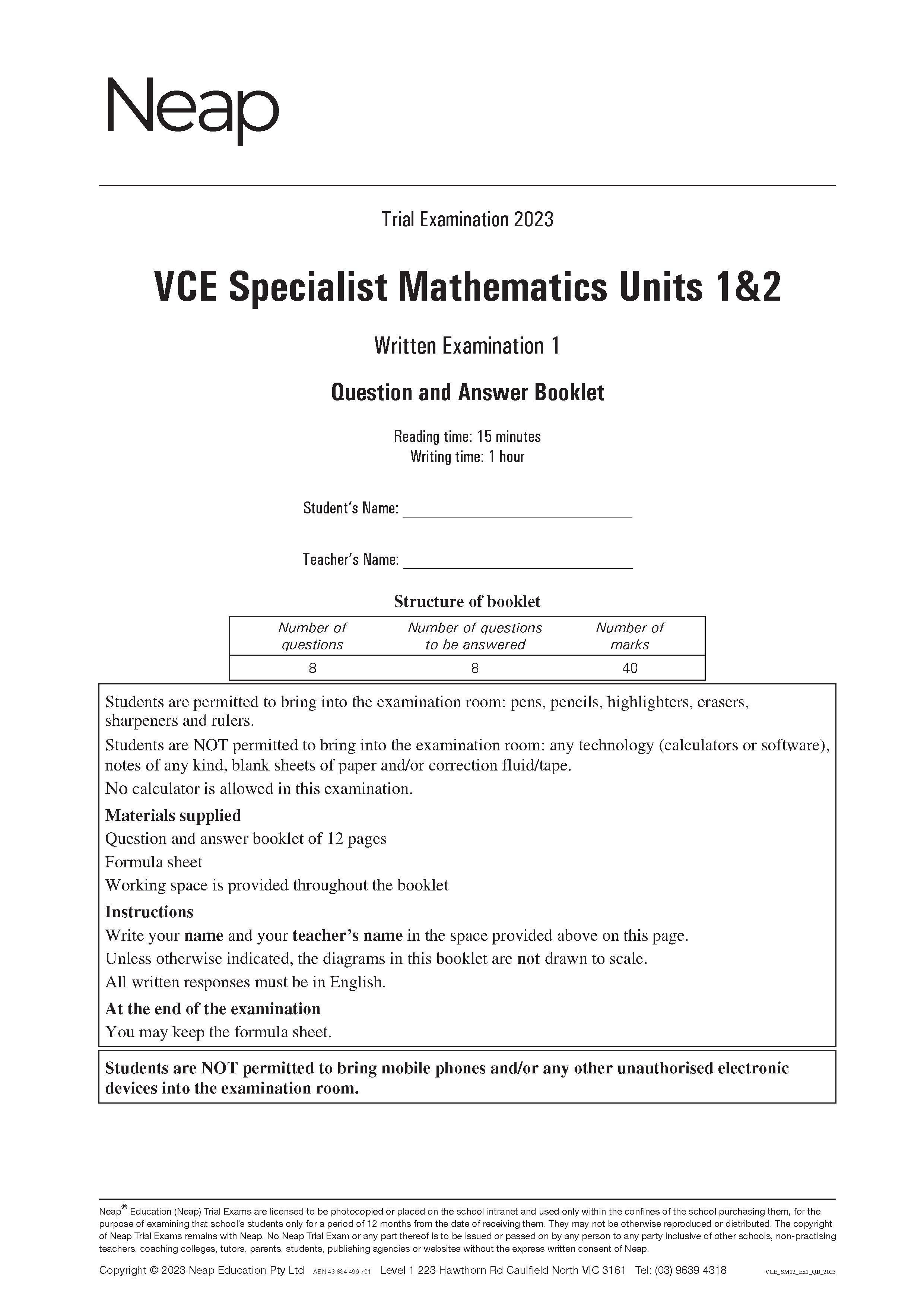 Neap Practice Exam Pack: VCE Specialist Mathematics Units 1&2 (2 Exams) - Image 3