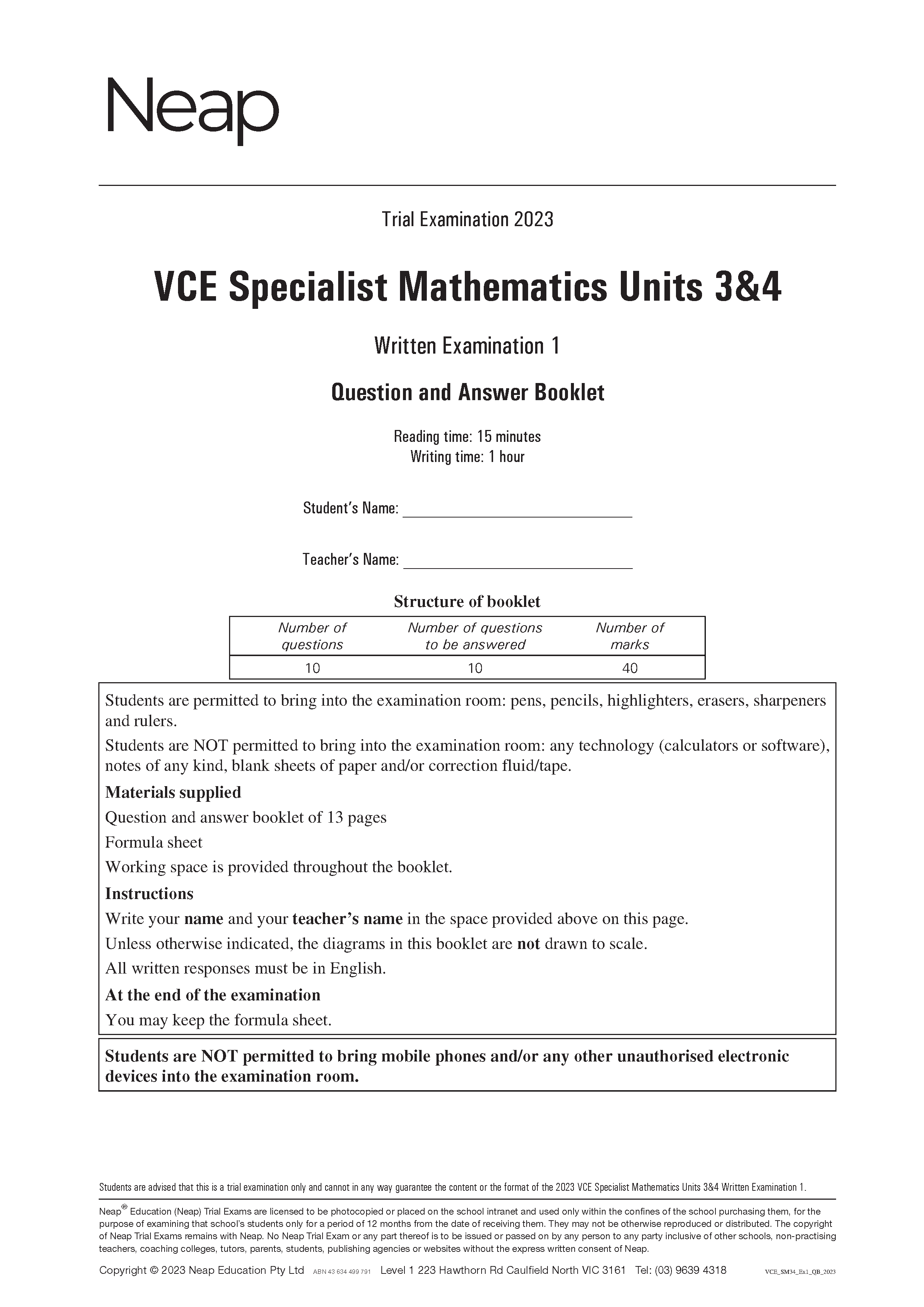 Neap Practice Exam Pack: VCE Specialist Mathematics Units 3&4 (2 Exams) - Image 3