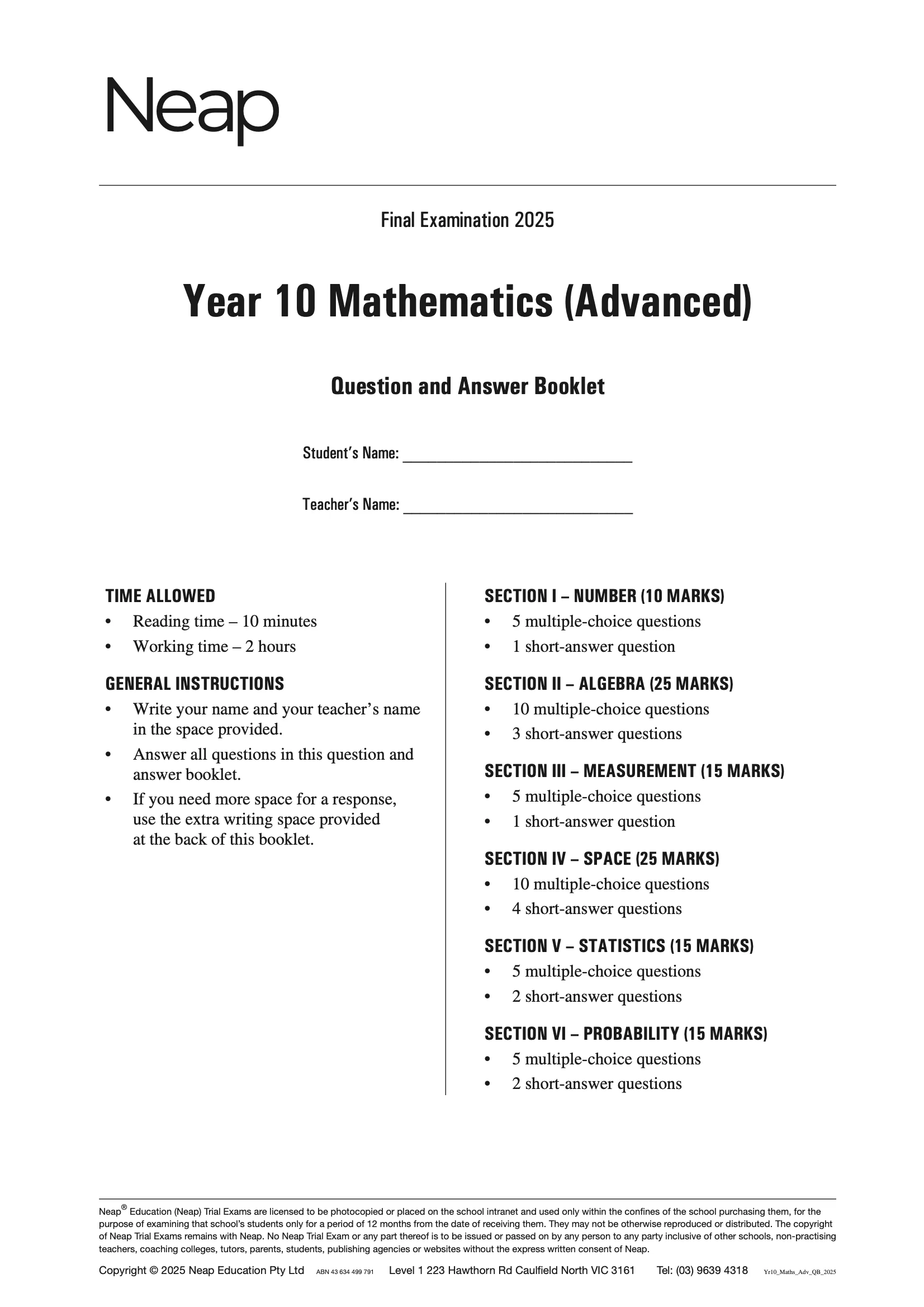 Neap Practice Exam Pack: Year 10 (Advanced) Mathematics 2026 Edition (2 Exams) - Image 2
