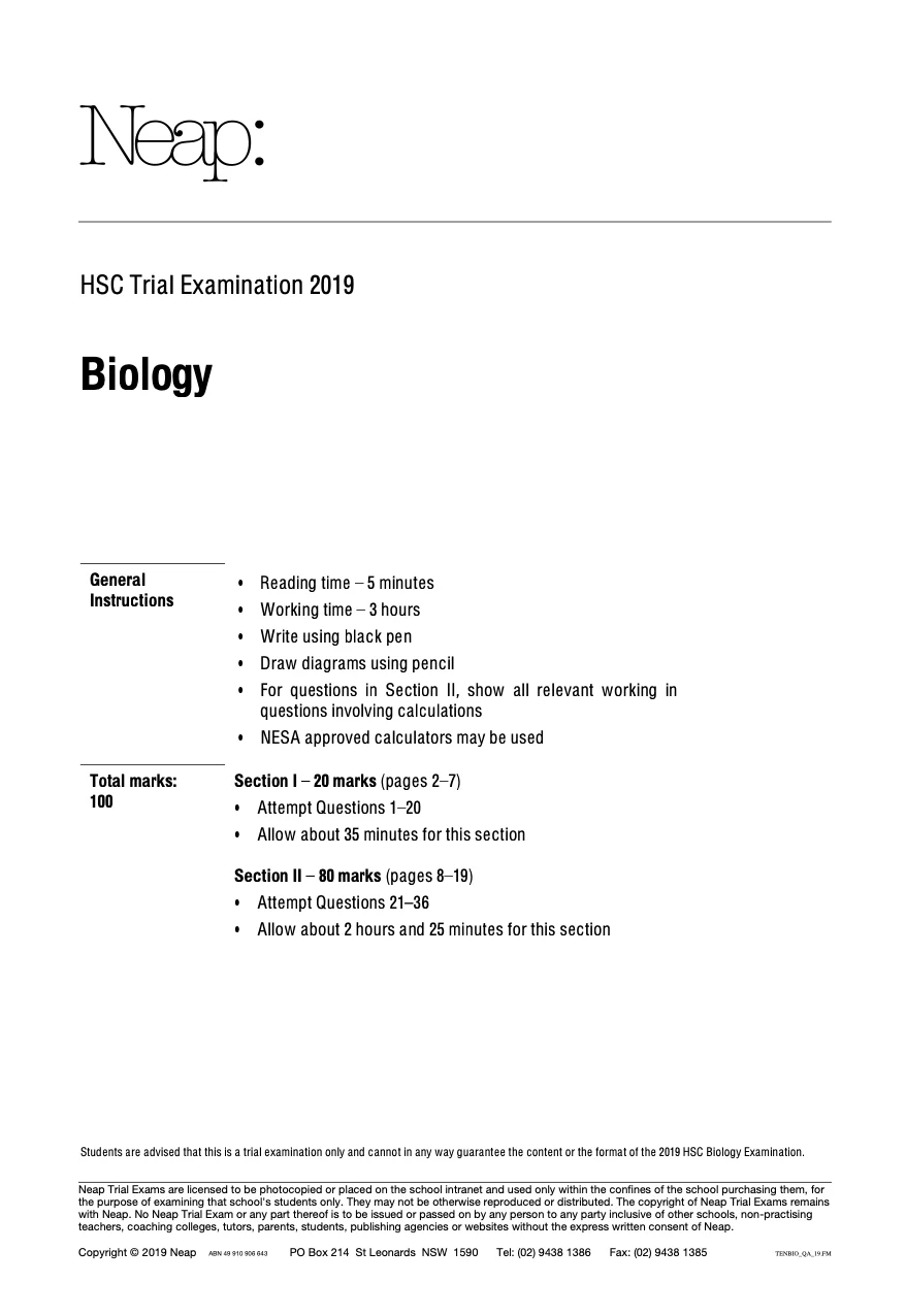 Neap Practice Exam: 2019 HSC Year 12 Biology (Digital)