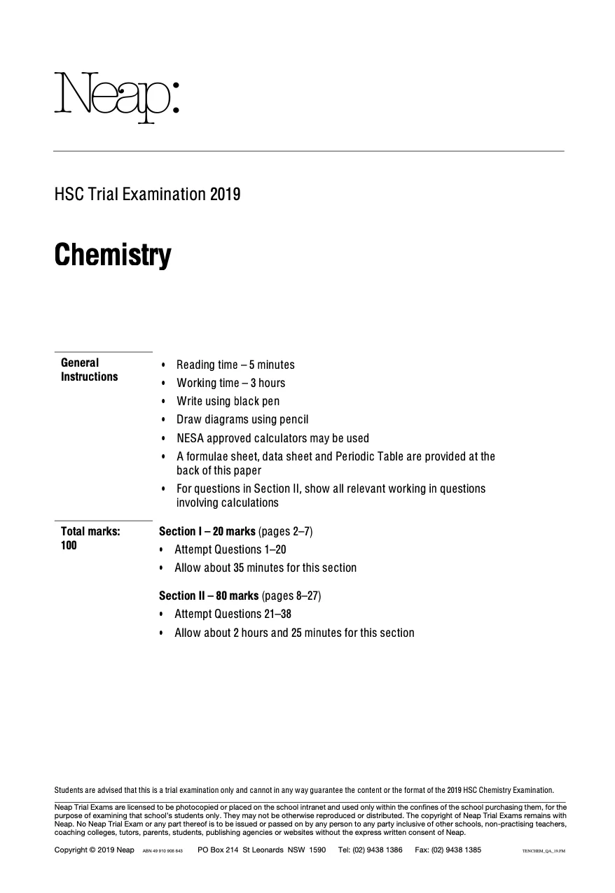 Neap Practice Exam: 2019 HSC Year 12 Chemistry (Digital)