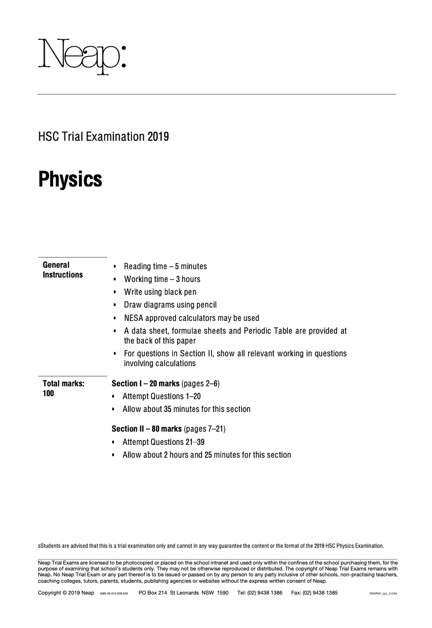 Neap Practice Exam: 2019 HSC Year 12 Physics (Digital)