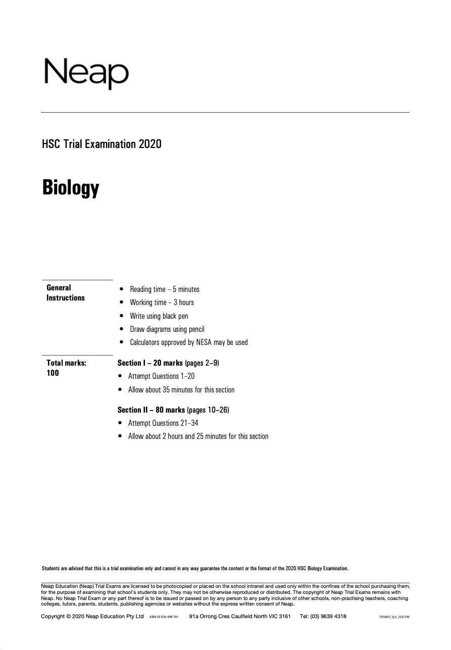 Neap Practice Exam: 2020 HSC Year 12 Biology (Digital)