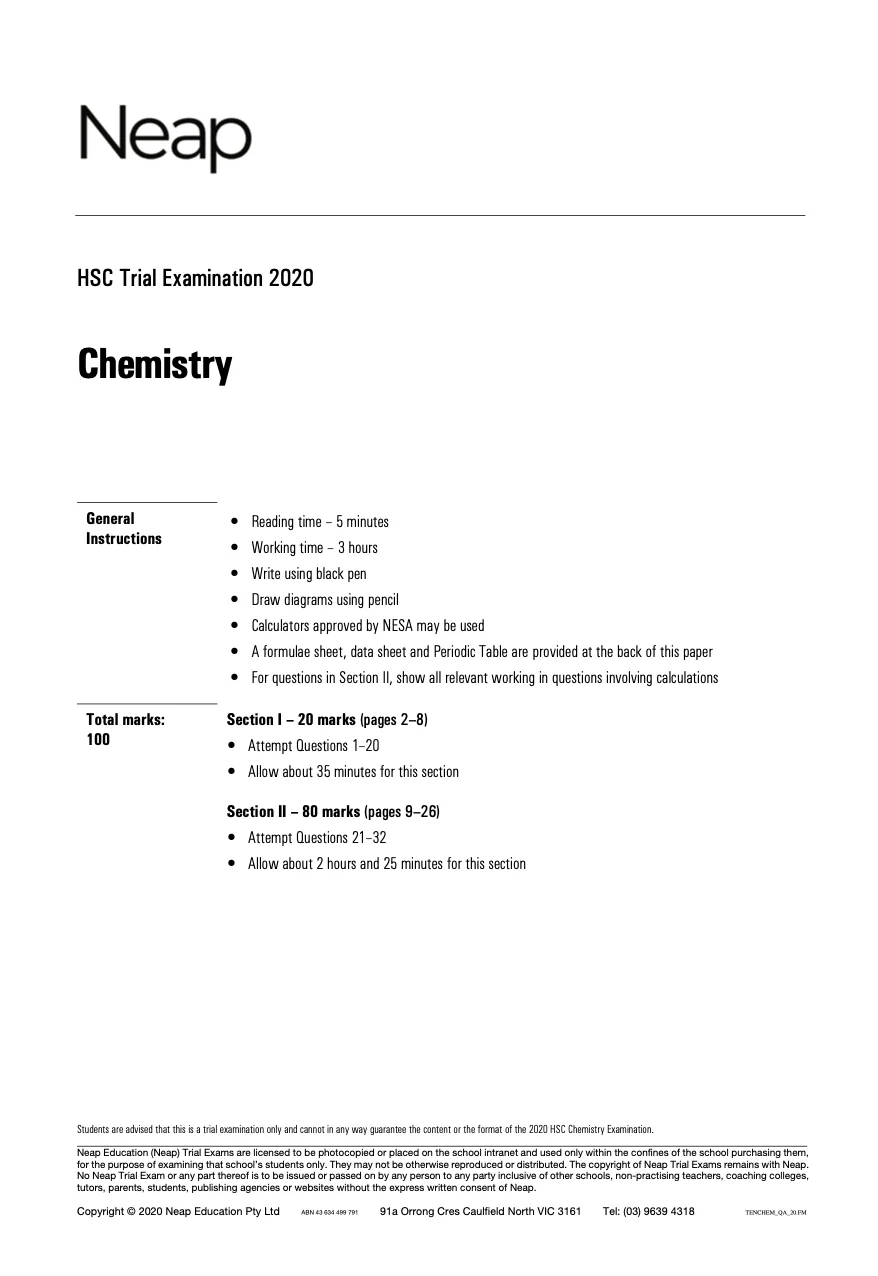 Neap Practice Exam: 2020 HSC Year 12 Chemistry (Digital)