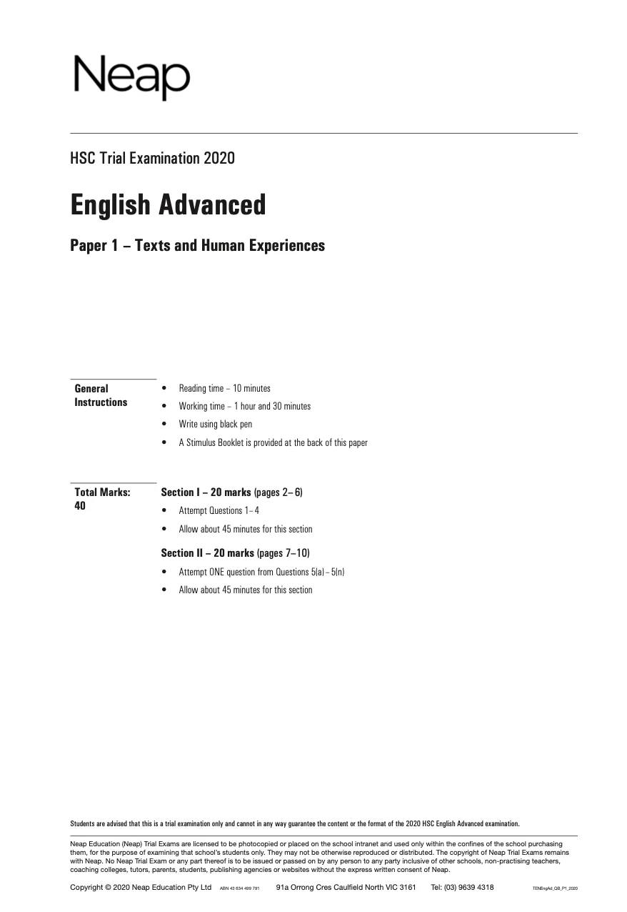 Neap Practice Exam: 2020 HSC Year 12 English Advanced (Digital)