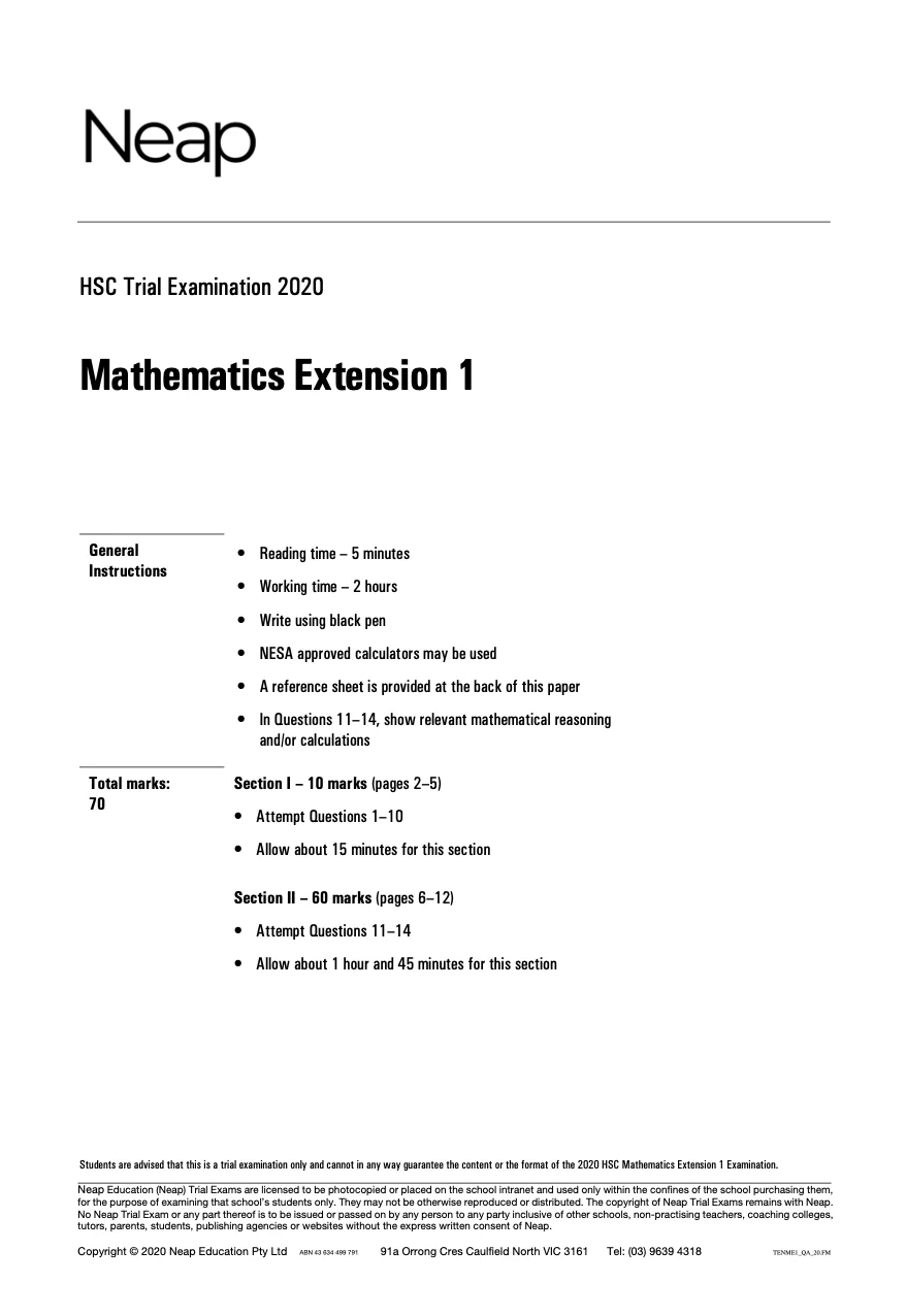 Neap Practice Exam: 2020 HSC Year 12 Maths Extension 1 (Digital)