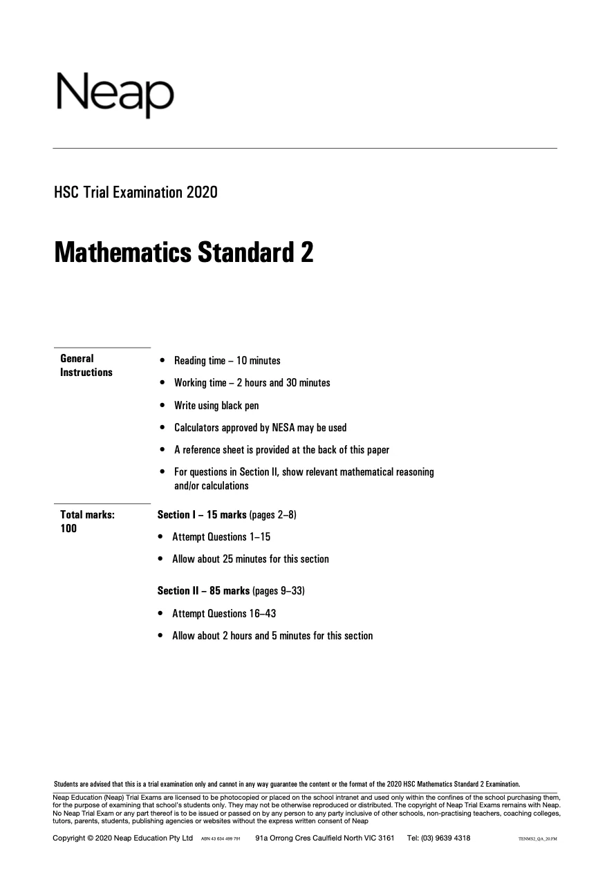 Neap Practice Exam: 2020 HSC Year 12 Maths Standard 2 (Digital)