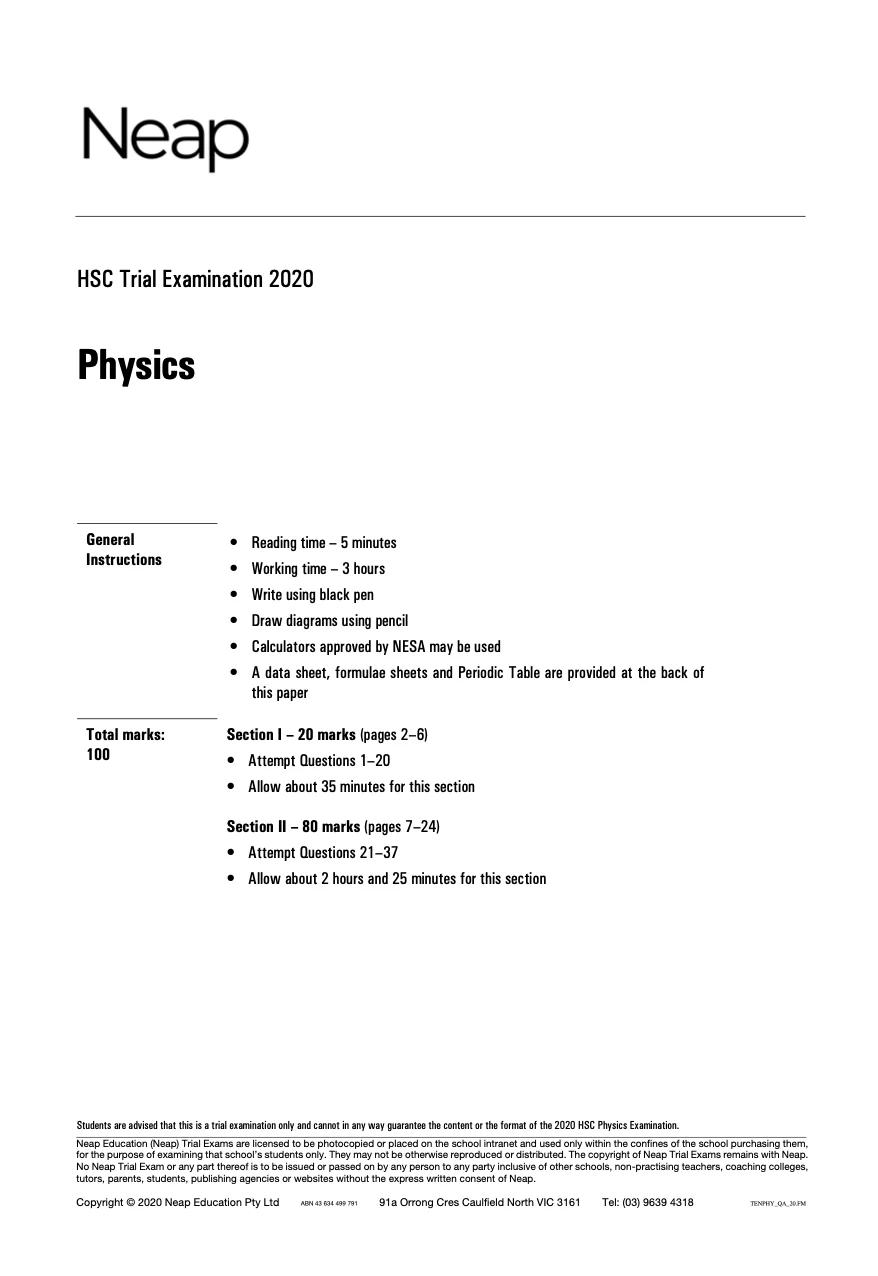 Neap Practice Exam: 2020 HSC Year 12 Physics (Digital)