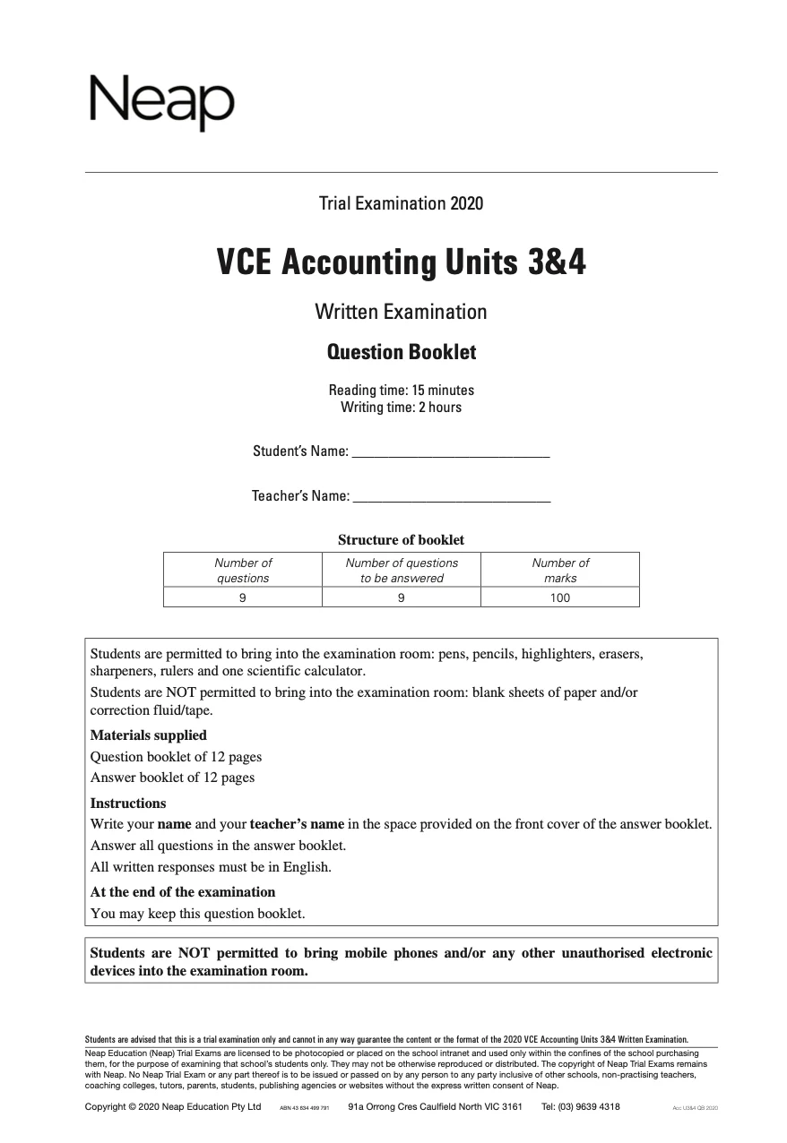 Neap Practice Exam: 2020 VCE Accounting Units 3&4 (Digital)