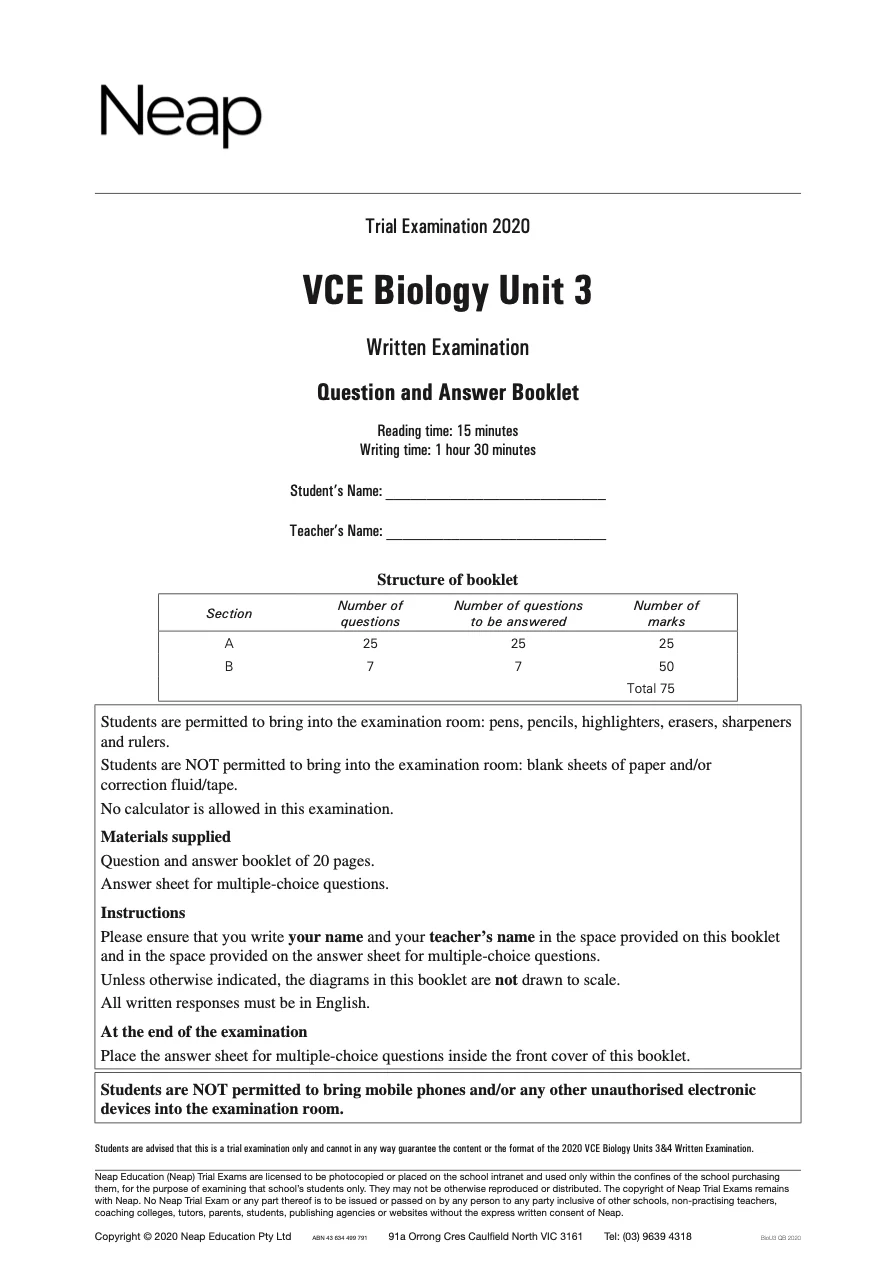 Neap Practice Exam: 2020 VCE Biology Unit 3 (Digital)