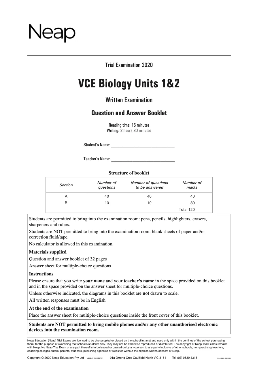 Neap Practice Exam: 2020 VCE Biology Units 1&2 (Digital)