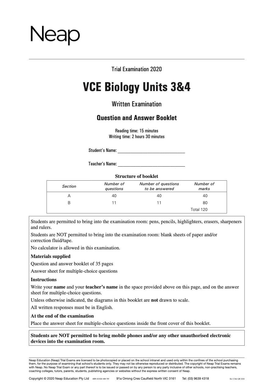 Neap Practice Exam: 2020 VCE Biology Units 3&4 (Digital)