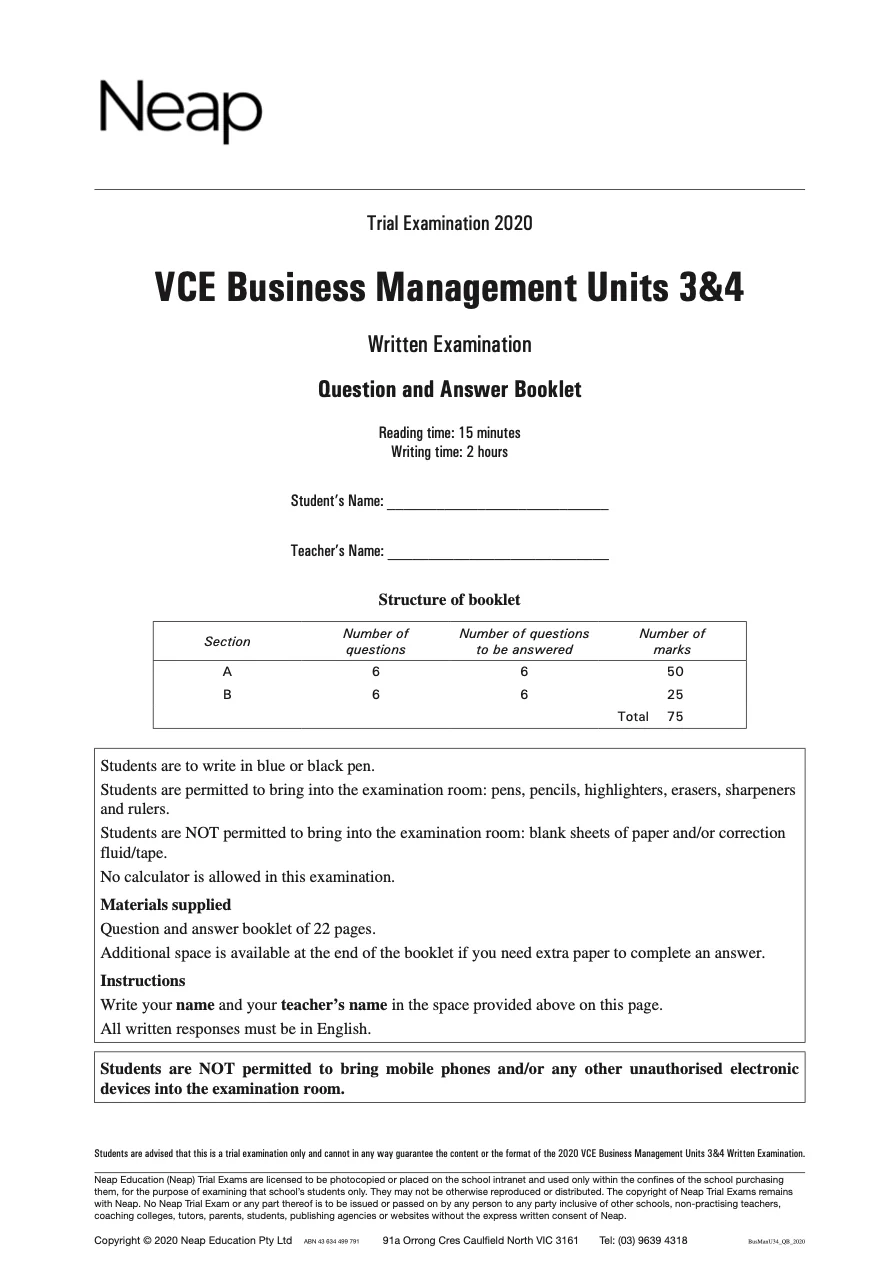 Neap Practice Exam: 2020 VCE Business Management Units 3&4 (Digital)
