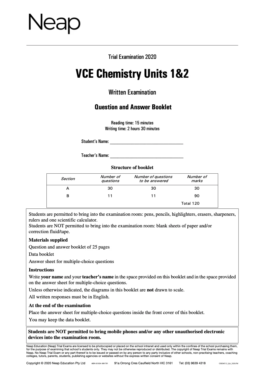 Neap Practice Exam: 2020 VCE Chemistry Units 1&2 (Digital)