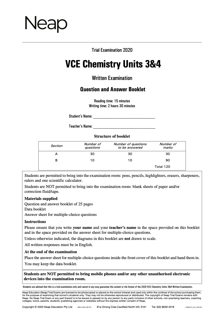 Neap Practice Exam: 2020 VCE Chemistry Units 3&4 (Digital)