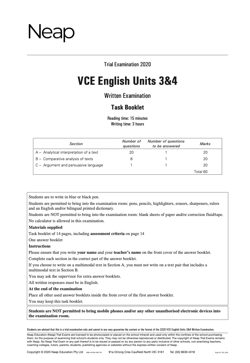 Neap Practice Exam: 2020 VCE English Units 3&4 (Digital)