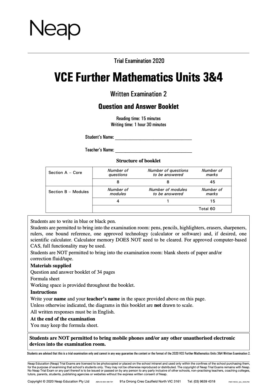 Neap Practice Exam: 2020 VCE Further Maths Units 3&4 (Digital) - Image 2