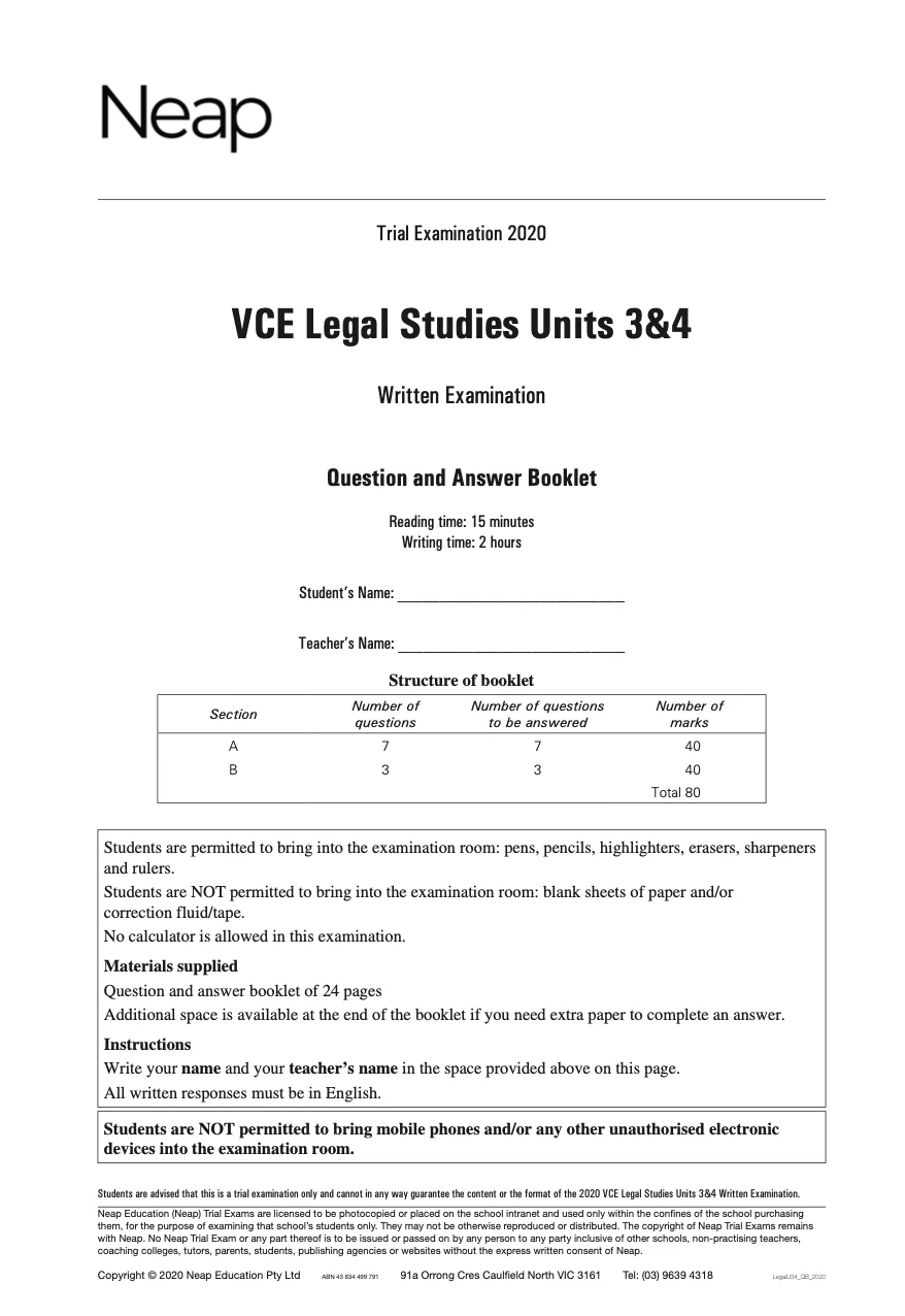 Neap Practice Exam: 2020 VCE Legal Studies Units 3&4 (Digital)