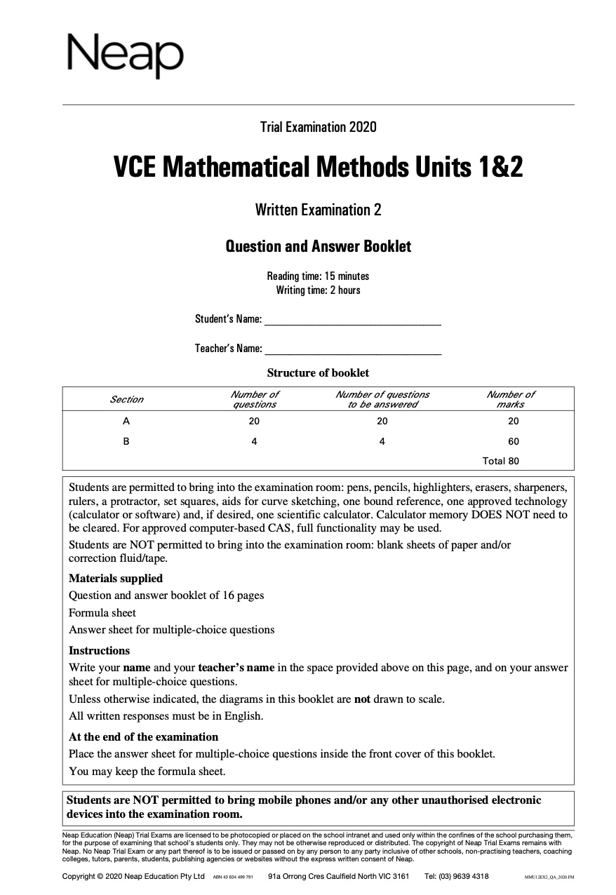 Neap Practice Exam: 2020 VCE Maths Methods Units 1&2 (Digital) - Image 2