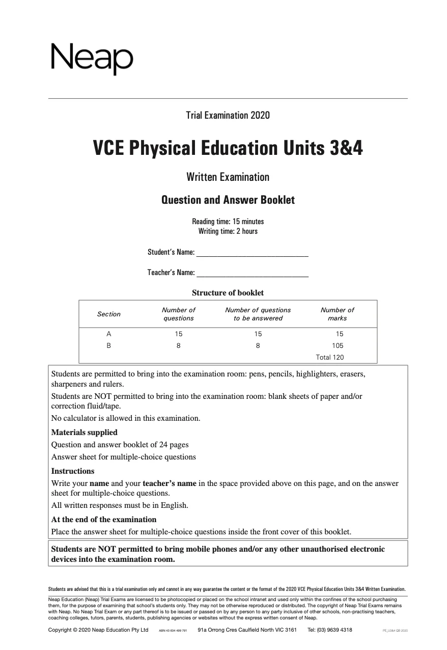 Neap Practice Exam: 2020 VCE Physical Education (PE) Units 3&4 (Digital)
