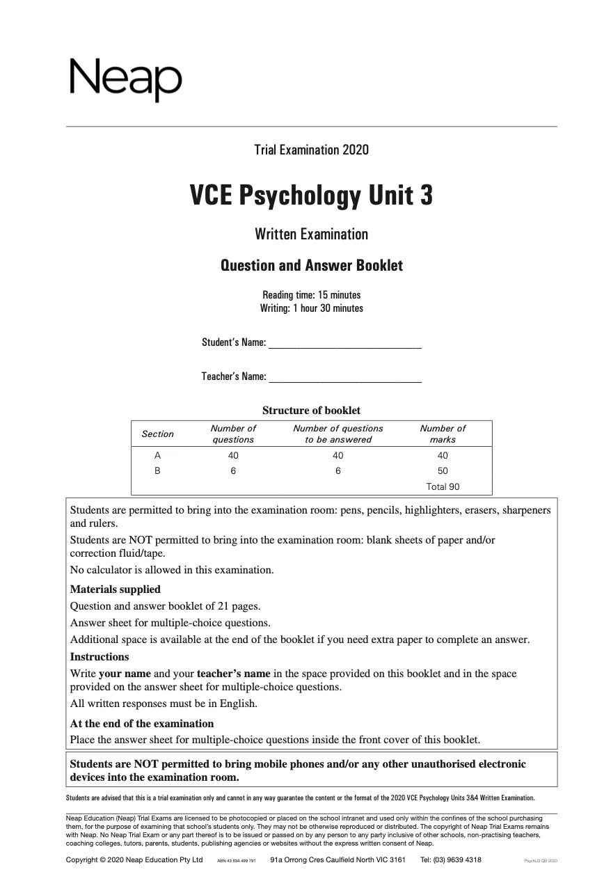 Neap Practice Exam: 2020 VCE Psychology Unit 3 (Digital)
