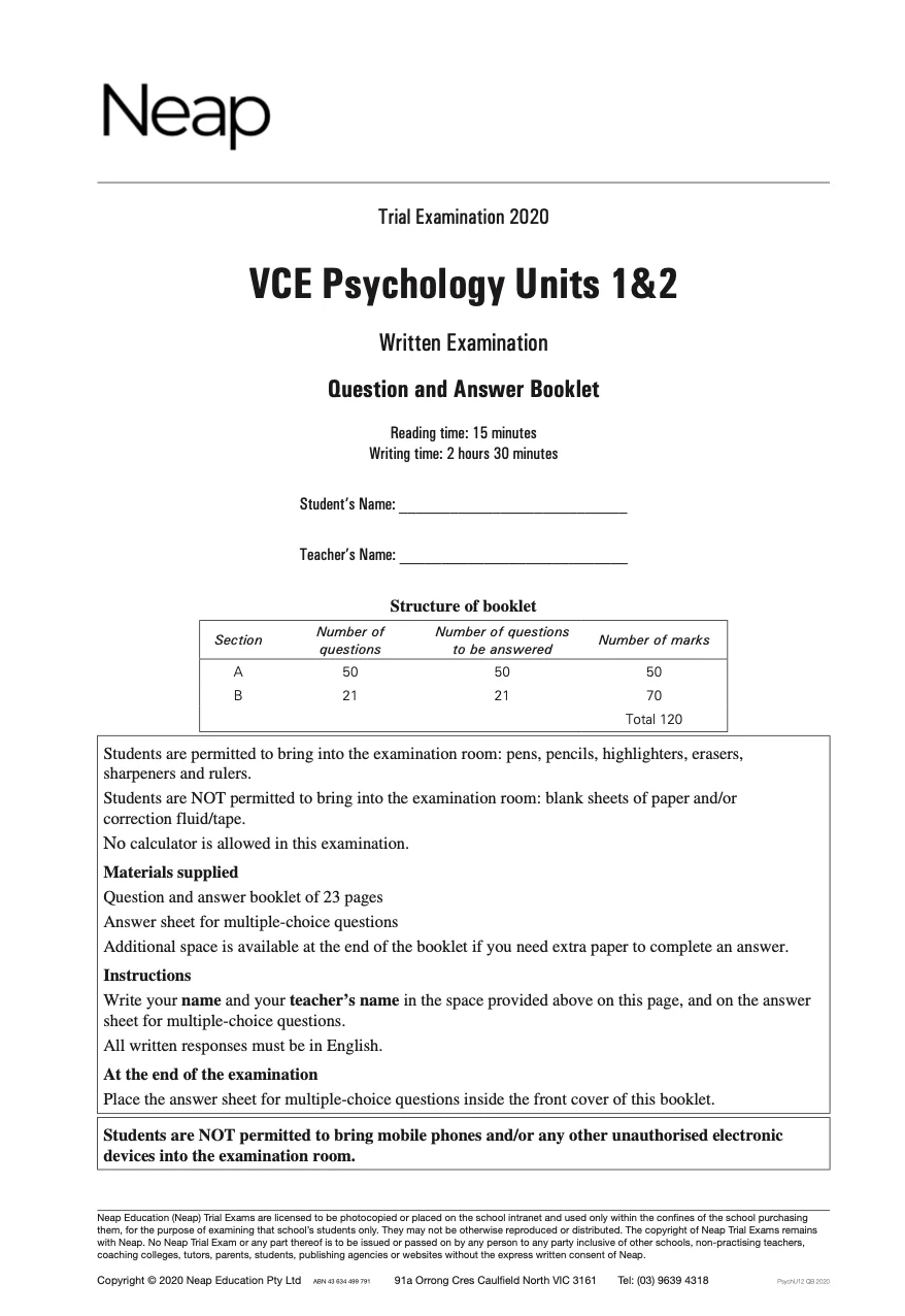 Neap Practice Exam: 2020 VCE Psychology Units 1&2 (Digital)