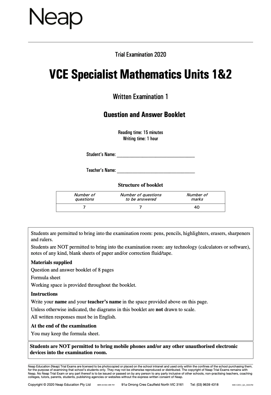 Neap Practice Exam: 2020 VCE Specialist Maths Units 1&2 (Digital)