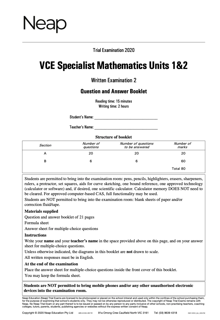Neap Practice Exam: 2020 VCE Specialist Maths Units 1&2 (Digital) - Image 2