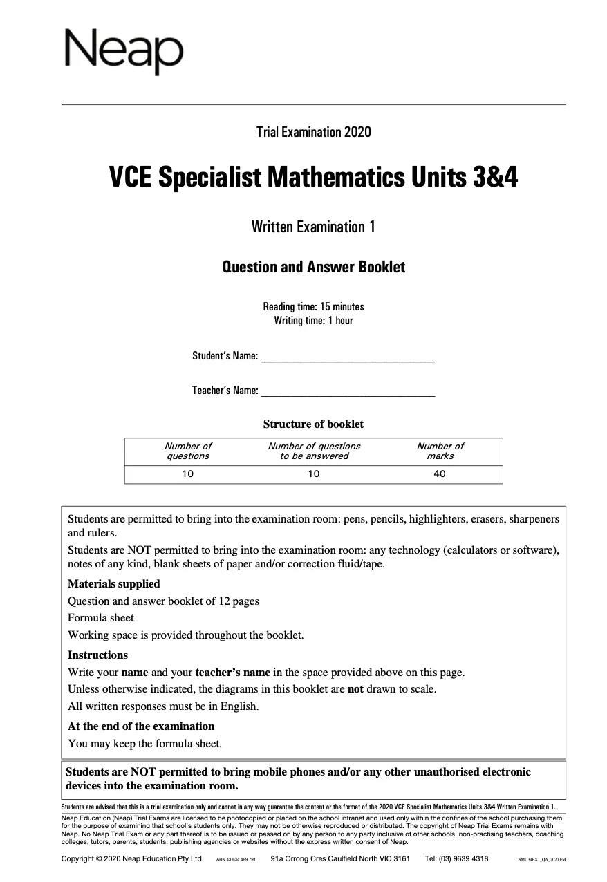 Neap Practice Exam: 2020 VCE Specialist Maths Units 3&4 (Digital)
