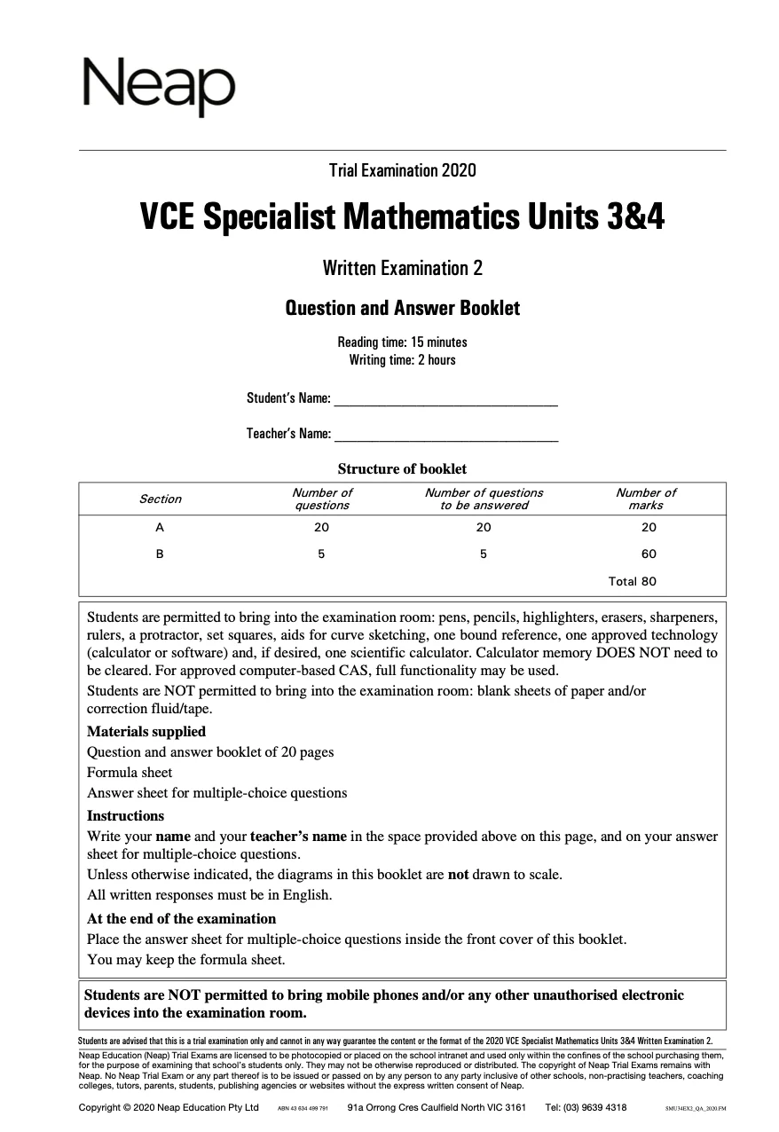 Neap Practice Exam: 2020 VCE Specialist Maths Units 3&4 (Digital) - Image 2