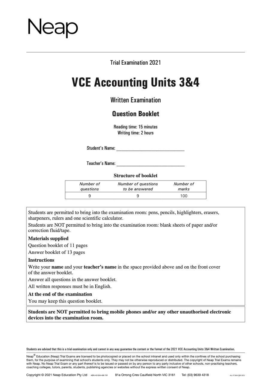 Neap Practice Exam: 2021 VCE Accounting Units 3&4 (Digital)
