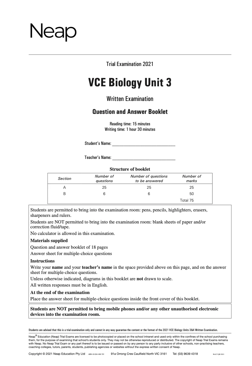 Neap Practice Exam: 2021 VCE Biology Unit 3 (Digital)