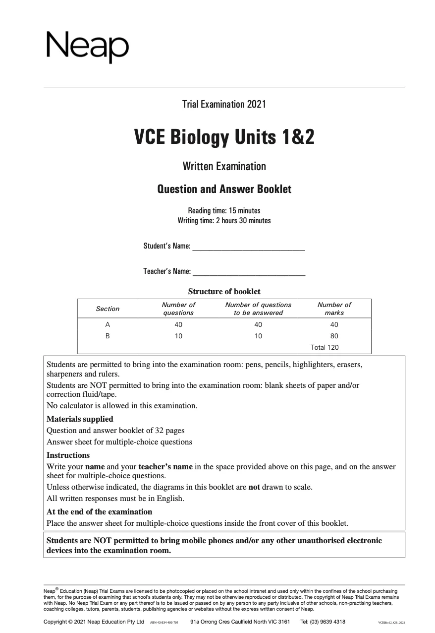 Neap Practice Exam: 2021 VCE Biology Units 1&2 (Digital)