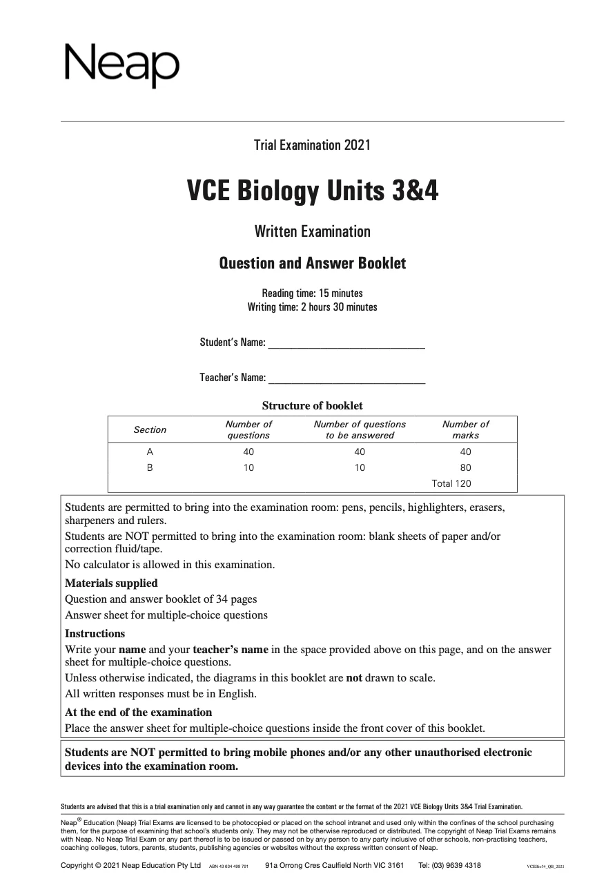 Neap Practice Exam: 2021 VCE Biology Units 3&4 (Digital)
